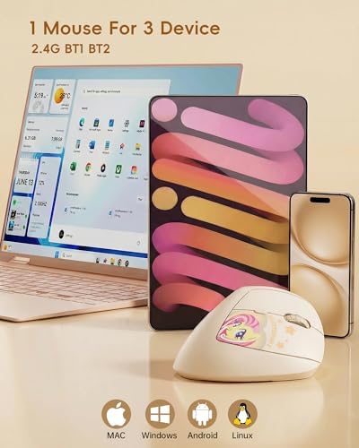 My Little Pony Ergonomic Vertical Mouse, VM01 Dual-Mode (2.4GHz/Bluetooth) Wireless Silent Mouse with LED Battery Indicator, 6 Buttons Silent Clicking Mouse for Wrist Comfort, PC, Laptop, Mac(Cream)