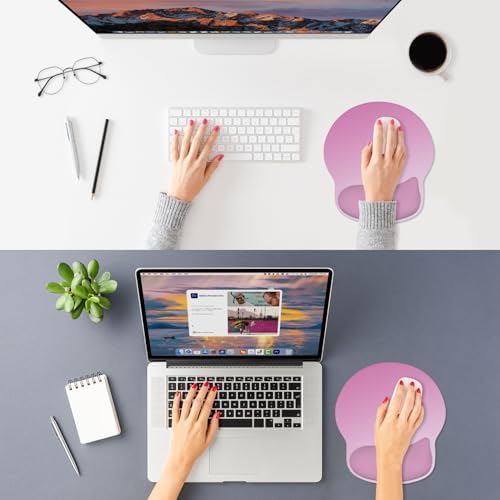 ITNRSIIET Ergonomic Mouse Pad with Wider Memory Foam Wrist Rest +17%, Curved Cushion Reduces Pressure 20%, Pain Relief, Non-Slip, Smooth, Cute Color Desk Accessory, 9.85 x 9 inch, Soft Pink