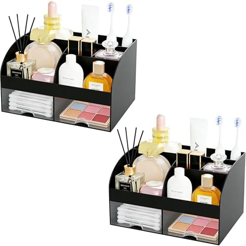 Makeup Organizer with 2 Drawers, Cosmetic Storage for Dresser Vanity and Bathroom Countertop,Make up organization and Skincare Storage with Beauty Brush Holder, Cosmetic Display Case 2Pcs Black