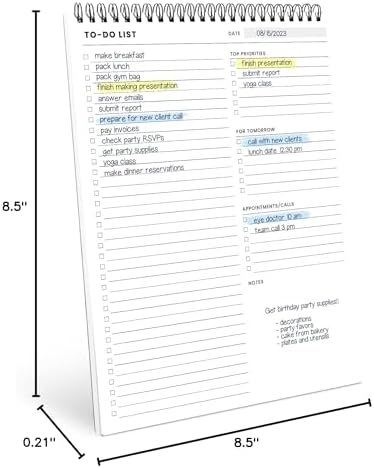 To Do List Spiral Notepad 8.5x11 52 Sheets, Daily Planner Notebook for Work