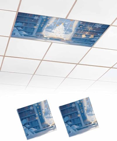 Christmas Magnetic Fluorescent Light Covers for Ceiling Lights 2 x 4 Feet,Xmas Tree Snowflake Snowman Cartoon Blue Office Classroom Kitchen Drop Ceiling Light Covers Filters Shade Panel 2 Packs