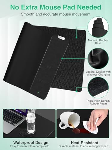 Mouse Pad with Wireless Charging, Black Mousepad Long Desk Mat, Large Gaming Mouse Pad, Soft Mouse Pad Gaming Desk Pad with Non-Slip Rubber Base, Extended Computer Keyboard Mat Office Mice Pad