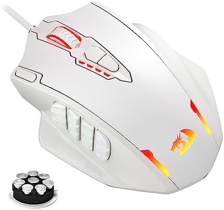 Redragon M908 Impact RGB LED MMO Gaming Mouse with 12 Side Buttons, Optical Wired Ergonomic Mouse with Max 12,400DPI, High Precision, 18 Programmable Macro Shortcuts, Comfort Grip, White