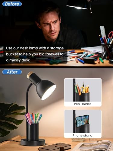 LED Desk Lamp for Home Office, Table Lamp with Pen Holder, 3 Color Modes Reading Light, Eye-Caring Desk Light with Gooseneck, Metal Study Lamp for Dorm Bedside Bedroom (Black Lamp)