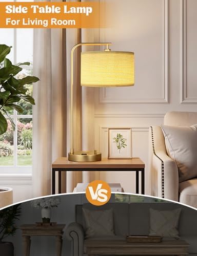 20.7" Gold Table Lamp with USB & Outlet, Fully Dimmable Nightstand Lamp