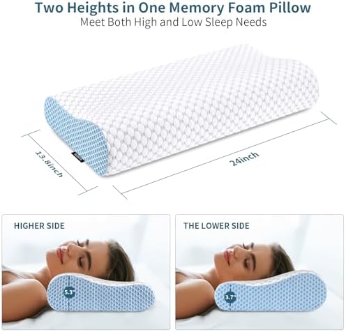 Cervical Pillow for Neck Pain Relief, Contour Memory Foam Pillows for Sleeping, Odorless Ergonomic Pillow Adjustable Orthopedic Cooling Pillow Bed Pillow Neck Support for All Sleepers (White & Blue)