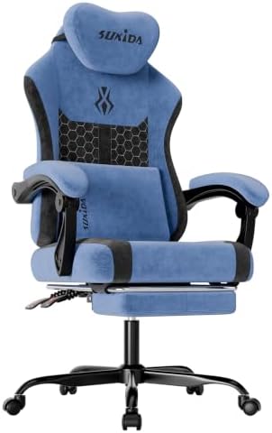 SUKIDA Fabric Video Gaming Chair, Ergonomic High-Back Computer Game Chairs with Large Massage Adjustable Lumbar Support, Headrest and Linked Armrests for Long Hours Sitting Task Chair, Black Blue