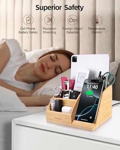 Bamboo Pen Holder with Wireless Charger, Desk Organizer 5 Compartments