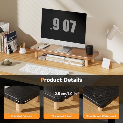 Monitor Stand Riser, 24 Inch Wood Desk Organizer with Monitor Stand & Storage Computer Monitor and Laptop Riser Multifunctional Laptop Stand Desk Organizer for Office Home Screen/Laptop/PC (Light Walnut)