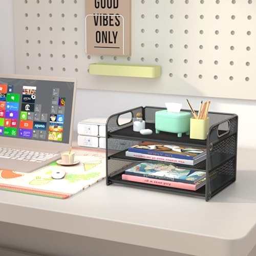 samstar 2 Pack 3 Tier Letter Tray Paper Organizer with Handle, Mesh Desk Organizer Paper Sorter File Rack Shelves, Black