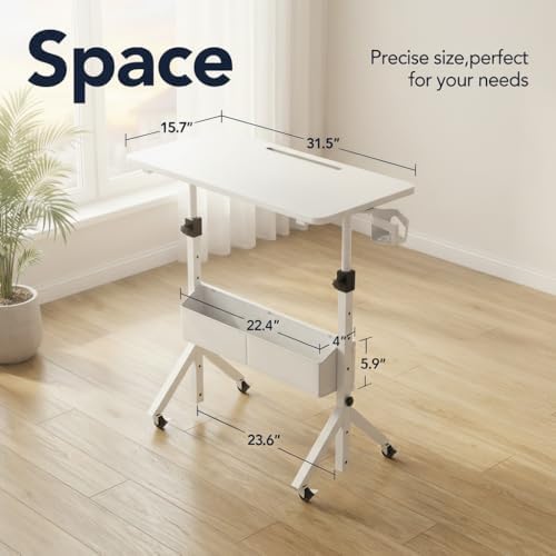 HUANUO Mobile Standing Desk with Wheels and Storage Basket, Height Adjustable 28.7"-46.1" Rolling Desk for Walking Pad, Small Space Laptop Computer Workstation for Home Office,White