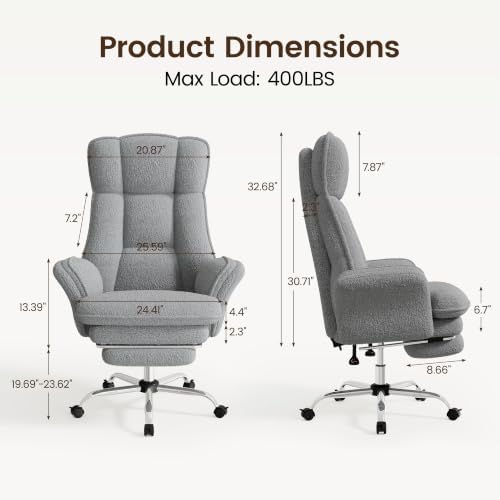Big and Tall Office Chair, Criss Cross Chair with Flip Armrests & 6.7″ Plush Seat, 135° Reclining Cross Legged Office Chair, Sherpa Fleece, Gray