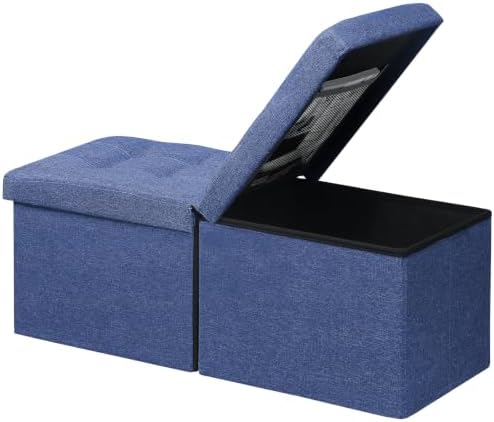 AmasSmile Footrest Ottoman Storage Bench, 34" Linen Folding Chest, Blue