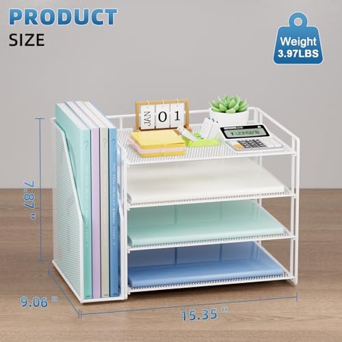 Marbrasse 4-Tier Paper Tray Organizer with File Holder, White