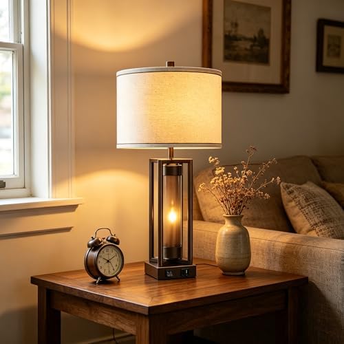 Rustic Farmhouse Table Lamps for Living Room with USB C+A Ports
