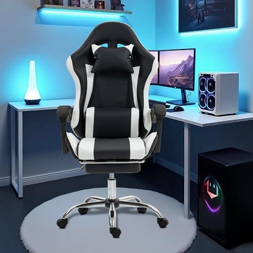 Massage Gaming Chair with Footrest，Ergonomic Video Game Chair for Adults Kids, Adjustable Headrest & Lumbar Support, 90-135° Recline, 360° Swivel, for Gaming Room Home Office Bedroom, White