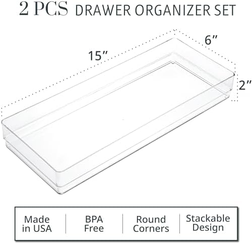 STORi SimpleSort 2-Piece Stackable Clear Drawer Organizer Set | 15" x 6" x 2" Rectangle Trays | Wide Makeup Vanity Storage Bins and Office Desk Drawer Dividers | Made in USA