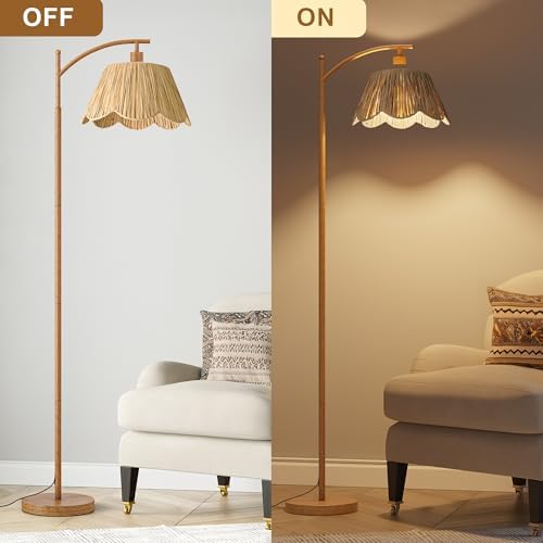 Oneach Boho Floor Lamp for Living Room with Remote & Dimmable Bulb, Farmhouse Floor Lamps with 3 Color Temperatures, Rattan Floor Lamp for Bedroom, Walnut