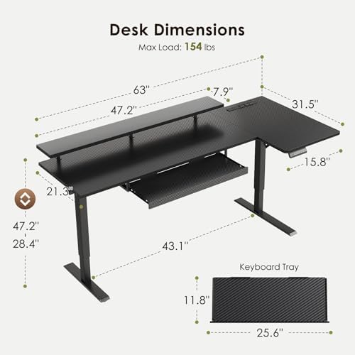 OffiGo 63" Reversible L Shaped Electric Standing Desk, Carbon Fiber Black