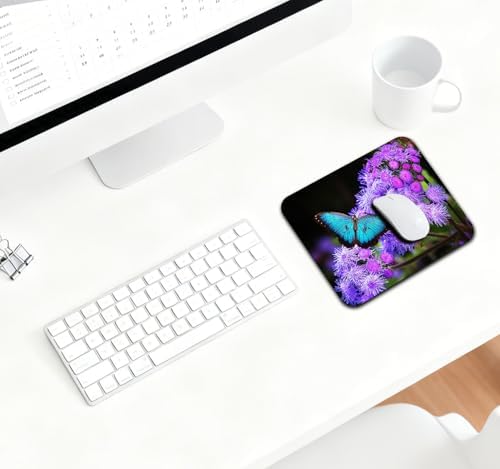 9.5x7.9 Inch Office/Gaming Mouse Pad, A Blue Morpho Butterfly on Purple Flowers Blooms Cute Anti-Slip Mat for Desk