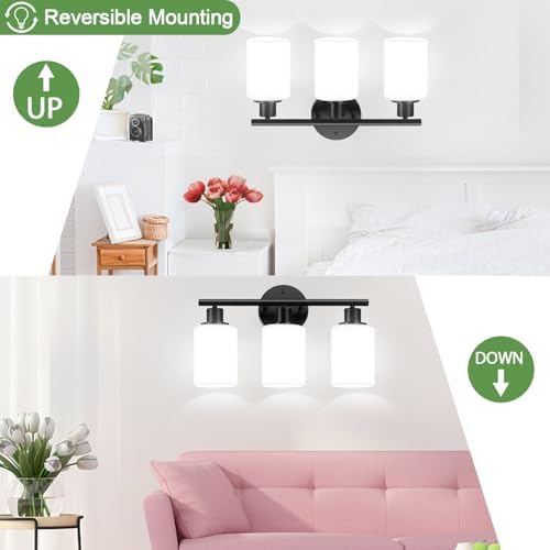 Zarbitta 3-Light Bathroom Light Fixtures, Black Modern Vanity Lights with Milky White Frosted Glass Shades, Bathroom Wall Lamp for Mirror Kitchen Living Room Hallway Cabinet Porch