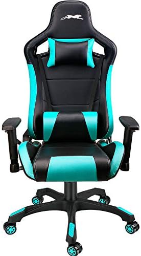 Leopard Gaming Chair, High Back PU Leather Office Chair, Adjustable Video Gaming Chairs, Swivel Racing Chair with Adjustable Armrest (Black/Light Blue)