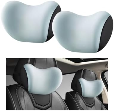2 PCS Car Headrest Cushion, Ergonomic Memory Foam Car Neck Back Support w/Removable Cover, Universal Breathable Lumbar Cushion Headrest Pillow with Adjusatble Strap (Sky Blue)