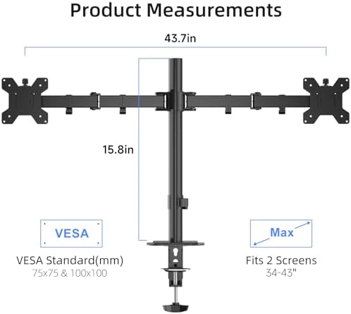 Suptek Dual Monitor Desk Mount, Adjustable Dual Monitor Arm for 2 Monitor Screens up to 43 inch, 15.75" Pole Monitor Stand for Desk, Holds up to 22 lbs, Black(MD9442LB)