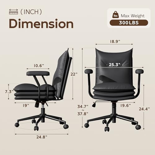 Black Leather Office Chair with Triple-Layer Seat, Home Desk Chair