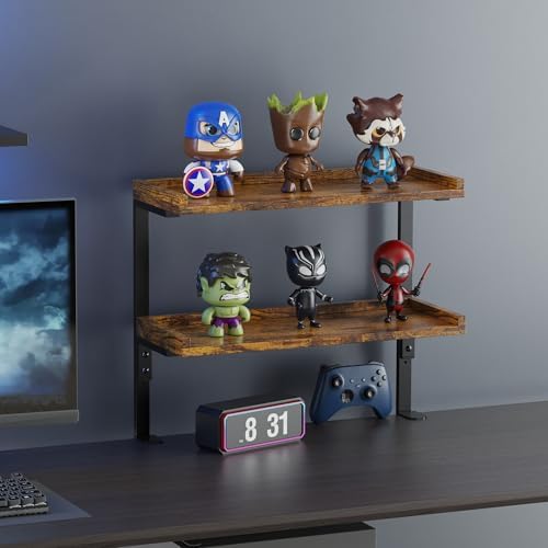 Clamp On Desk Shelf 2-Tier, 16.5 in Wood Shelving Unit for Office Desk/Gaming Accessories, Tabletop Book Storage Rack, Shelf for Top of Desk, Brown