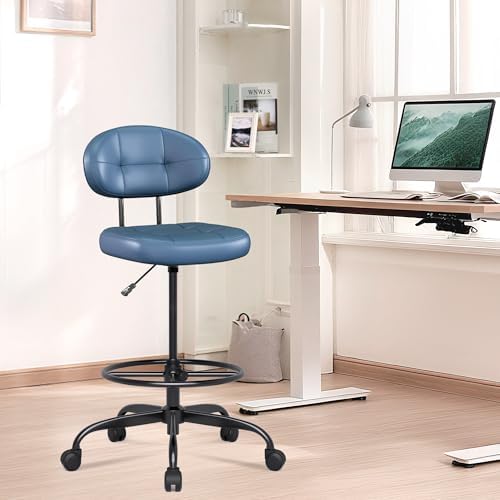 Misolant Drafting Chair Without Arms, Tall Office Chair with Footrest Ring for Standing Desk, Small Faux Leather Executive Chair with Adjustable Height for Bar Lab Counter Height Desk, Navy Blue