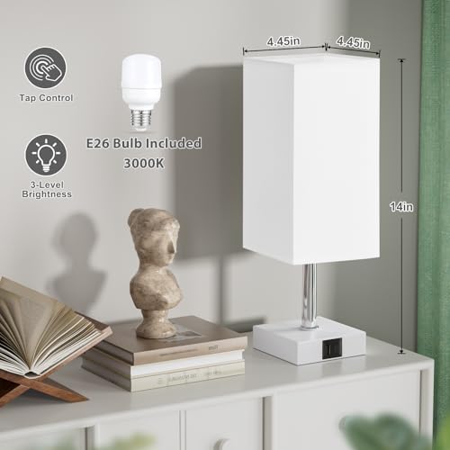 Touch Table Lamp for Bedroom - Dimmable, USB C+A, White Lamphade White Base