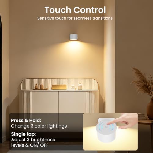 Koopala 2PACK LED Wall Lamps with Rechargeable Battery Operated, Wall Mounted Lights with 3 Brightness 3 Color Temp Removable Charging 360°Rotate Magnetic, Cordless Wall Sconces for Reading Bedside
