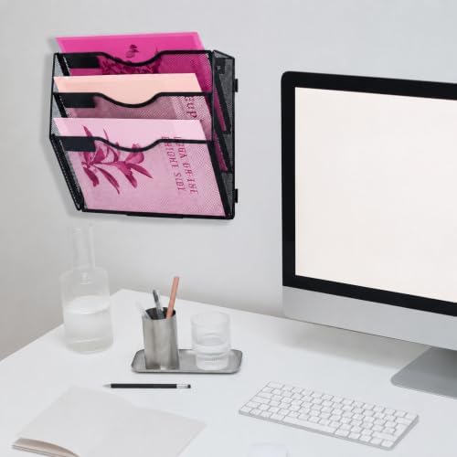 3 Pockets Mesh Wall File Holder Organizer Office Hanging File Folder Magazine Rack, Nametag Label Hooks Set Included (Black)