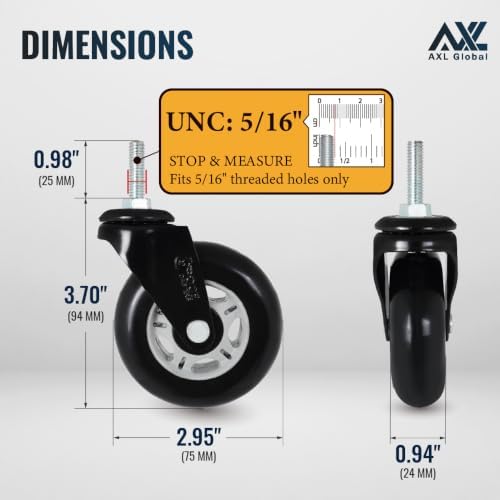 AXL 5/16" UNC x 1" (25mm) Threaded Stem Casters, 3 Inch PU Quiet Inline Swivel Wheels for Office Chairs, Kitchen Carts and Wire Shelving (2 Swivel & 2 Brake)