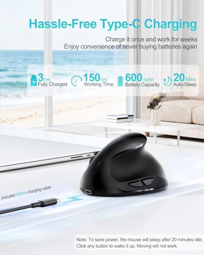 Lekvey Ergonomic Mouse, Rechargeable Wireless Mouse for Small Hands, Black
