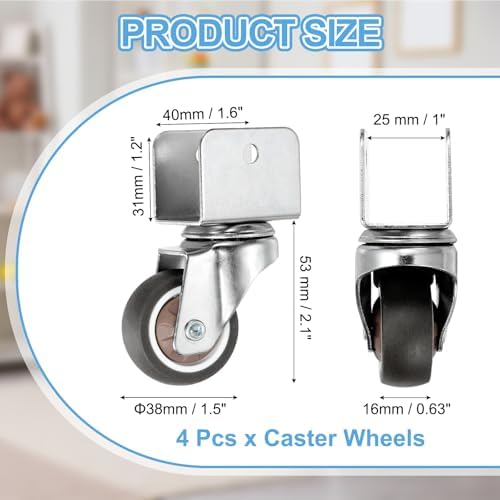 PATIKIL 1.5 Inch Caster Wheels, 4 Pcs Swivel Casters with 1" U Bracket Opening 55 Lb Capacity Per Caster for Furniture Office Chairs Carts and Cabinets, Brown