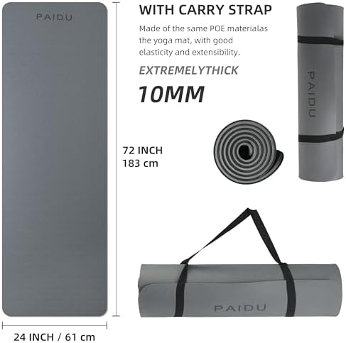 PAIDU POE Yoga Mat （10mm）Extra Thick Fitness Mat 72"x24" with Carry Strap