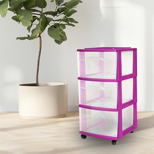 HOMZ Drawer Tower, 3-Tier Storage Cart w/Removable Wheels, Purple, 2 Pack