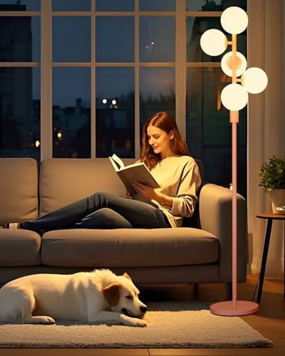 64IN Dimmable Pink Floor Lamp, Tall Standing Lamps with 5 Globe Soft Warm White Eye Care 3000K G9 Bulbs, Mid Century Modern Floor Lamp with 5Lbs Heavy Base for Living Room Bedroom Office