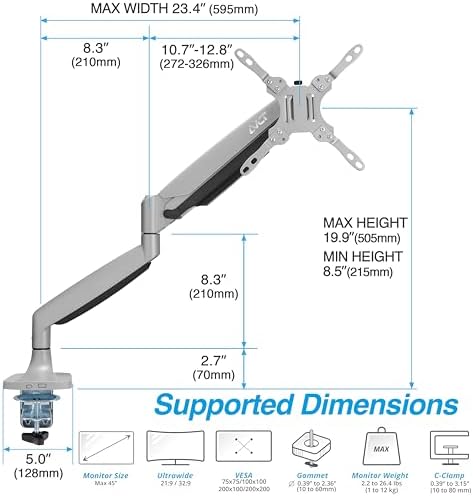 AVLT Single Monitor Arm Desk Mount for 17-45" Screens, Heavy Duty - Gray