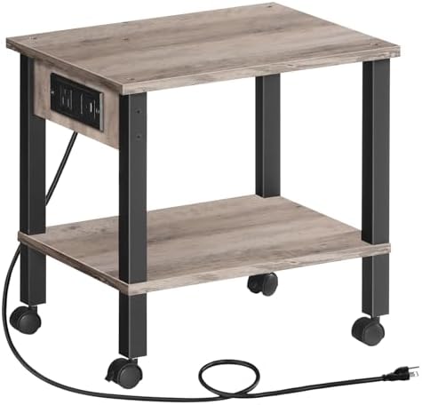 HOOBRO 2-Tier Printer Stand with Charging Station, Under Desk Printer Table, Printer Cart with Storage Shelves, Shelf for Small Spaces, for Home Office, Greige and Black BG38UPS01