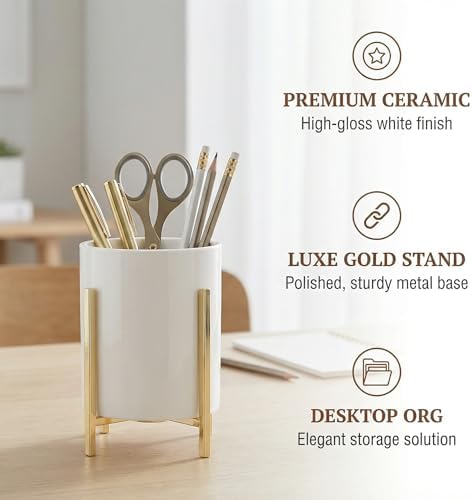 4.72" Gold Pen Holder Aesthetic Pencil Holder for Desk, Gold Desk Organizers and Accessories for Women Girls, Ceramic Pen Holder for Office