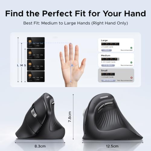 UGREEN Vertical Wireless (Bluetooth 5.0+2.4G) Ergonomic Mouse with 5 Buttons, 1000/1600/2000/4000 DPI, Prevention of Mouse Arm, Vertical Mouse Compatible with PC/Laptop/Tablet, Black