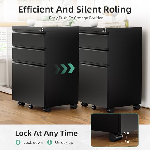 Bonusall 3 Drawer File Cabinet with Lock, Small Under Desk Filing Cabinet for Home Office, Fully Assembled Metal Rolling Storage Fits A4/Letter/Legal