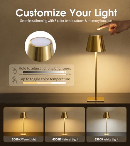 UME 6 Pack Cordless Table Lamp, Battery Operated Lamp - Portable Waterproof Rechargeable Table Lamp w/ 3 Color Temps & Stepless Dimming for Dinner, Desk, Cafe, Outdoor (Brushed Gold)