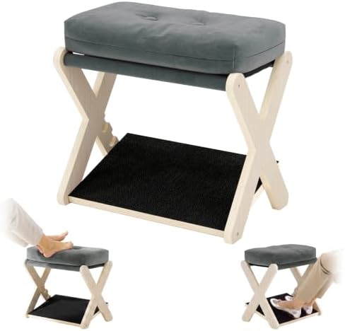 Adjustable Foot Rest Under Desk at Work, 16.6" Wide Wooden Ergonomic Footstool with 3 Height Options, Velvet Cushion, Non-Slip EVA Stepping Surface & Posture Support for Office, Home & Gaming