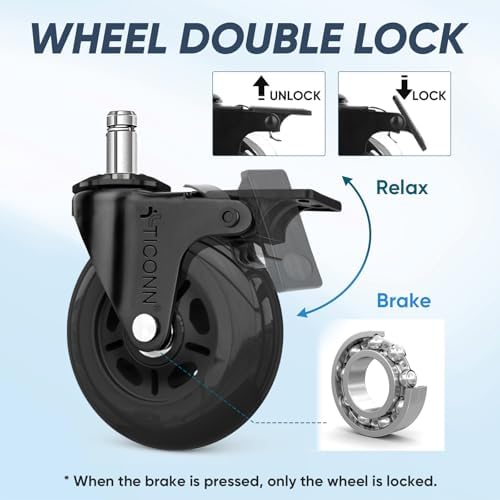 TICONN Office Chair Wheels, 3" Caster Wheels for Tile Carpets, Set of 5