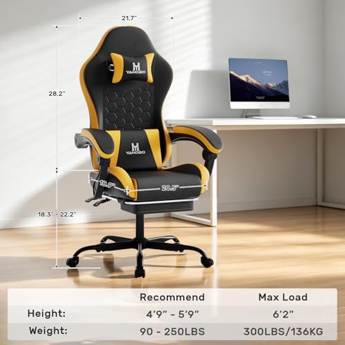 Gaming Chair, Computer Office Chair with Footrest, Adjustable Height & Backrest Gaming Chairs with Swivel for Adults, High Back PU Leather Ergonomic Chair with Lumbar Support, Blackyellow