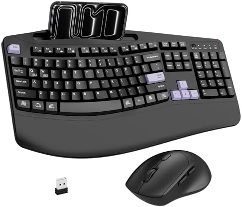 Wireless Keyboard and Mouse Combo, Full Size Ergonomic Wave Keys(Purple-B)